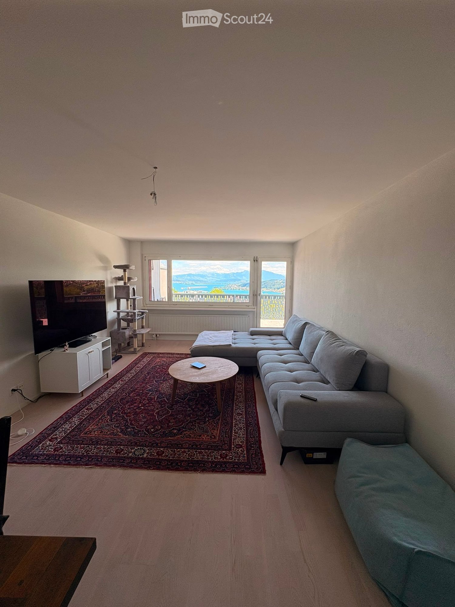 Living room with a grey sectional sofa, wooden coffee table, cat tree, TV stand, and a large window offering a scenic view.