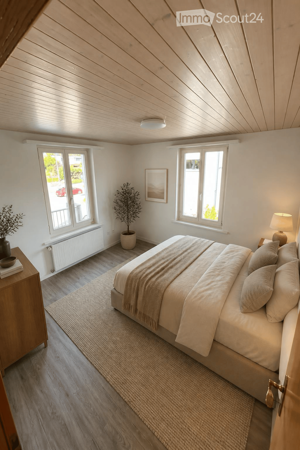 Modern bedroom with wooden slanted ceiling, large windows, bed with beige bedding, nightstand with lamp, potted plant, and picture frame on wall.