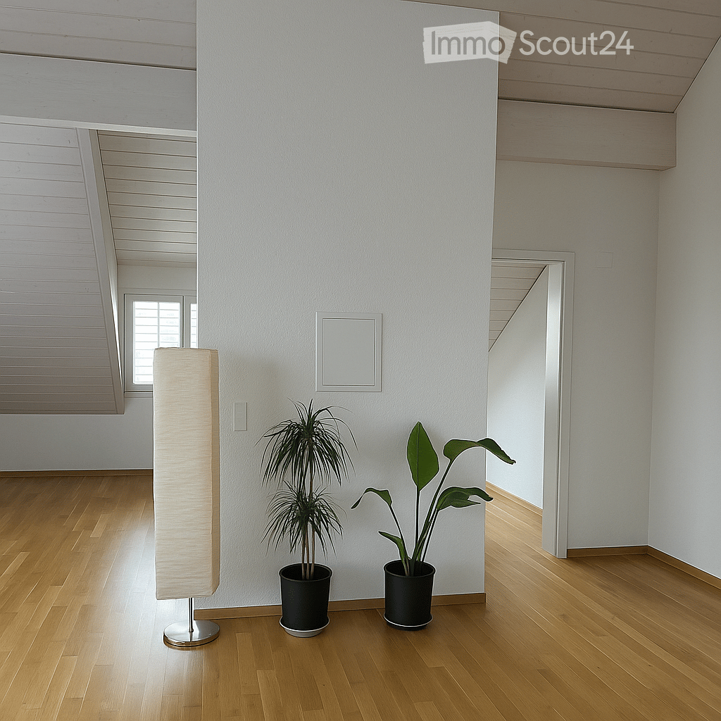 Bright, minimalist room with wooden flooring, white walls, and a large window. Features a floor lamp and two potted plants.