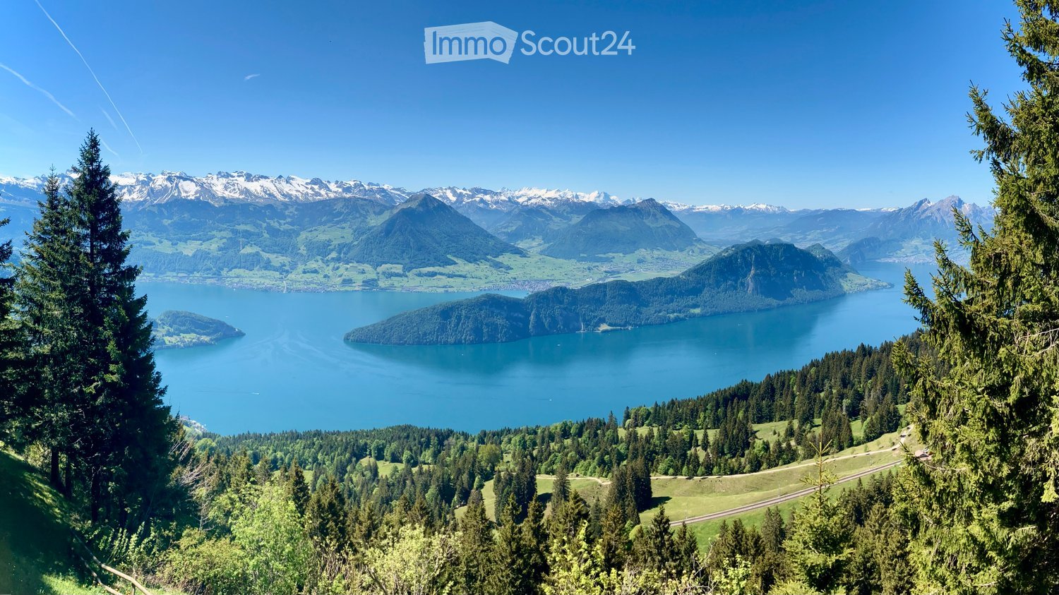 Panoramic view of a lake surrounded by lush green forests and snow-capped mountains under a clear blue sky.