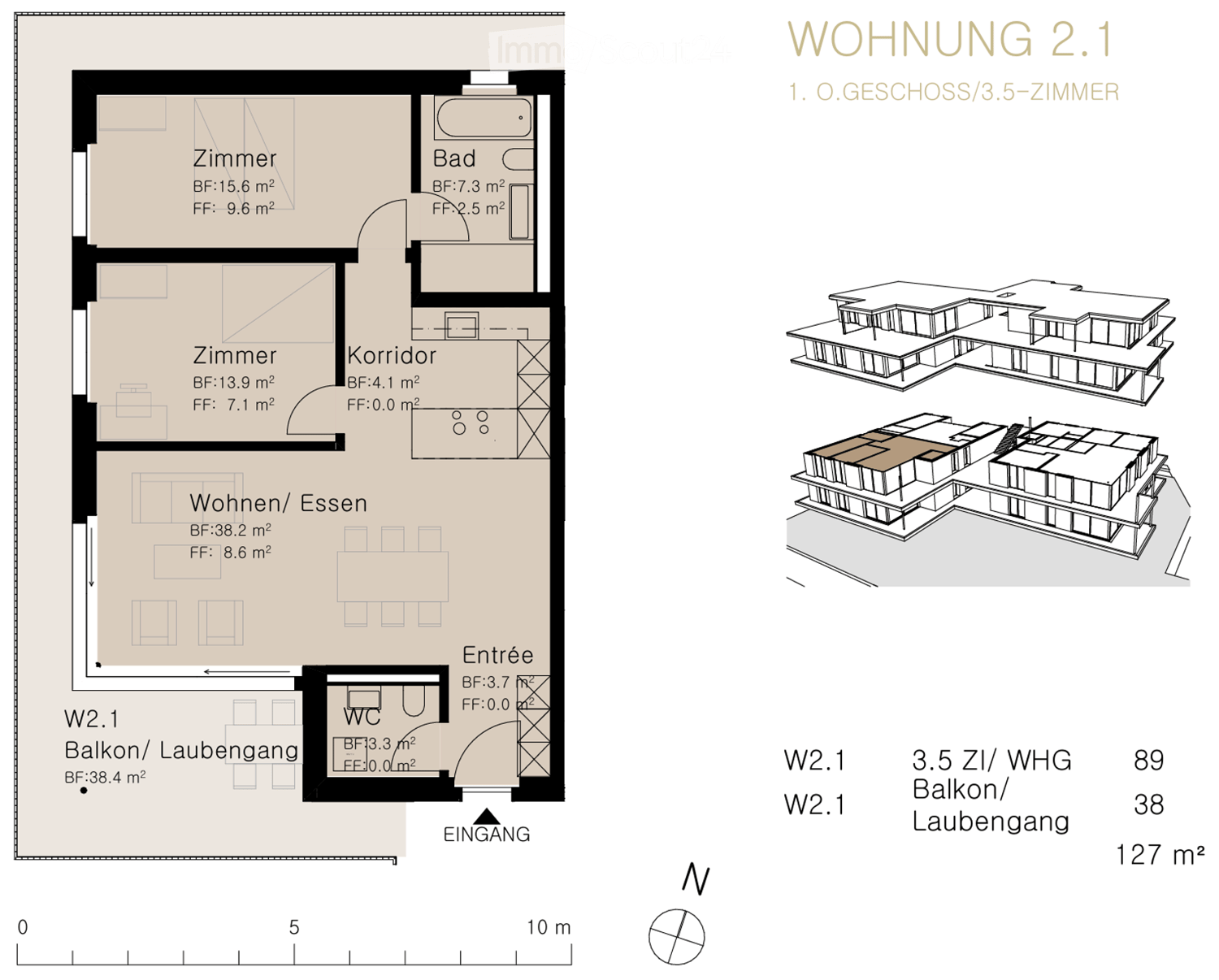 Floor plan of a 3.5-room apartment on the first floor, including living/dining area, two bedrooms, bathroom, WC, and balcony.