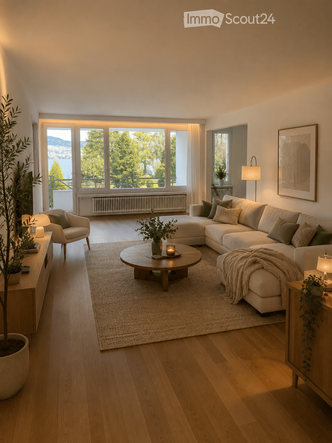 Modern living room with large windows offering a scenic view, featuring a sectional sofa, coffee table, armchair, floor lamp, and decorative plants.