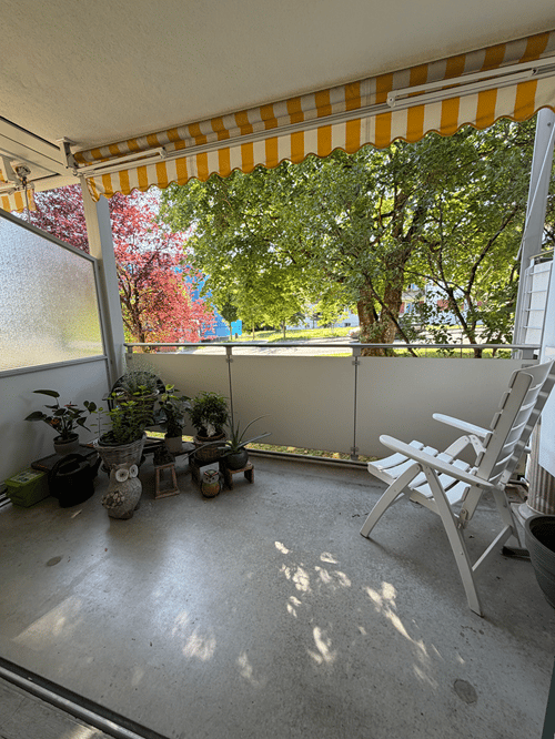 Balcony with striped awning, potted plants, and white plastic chair.