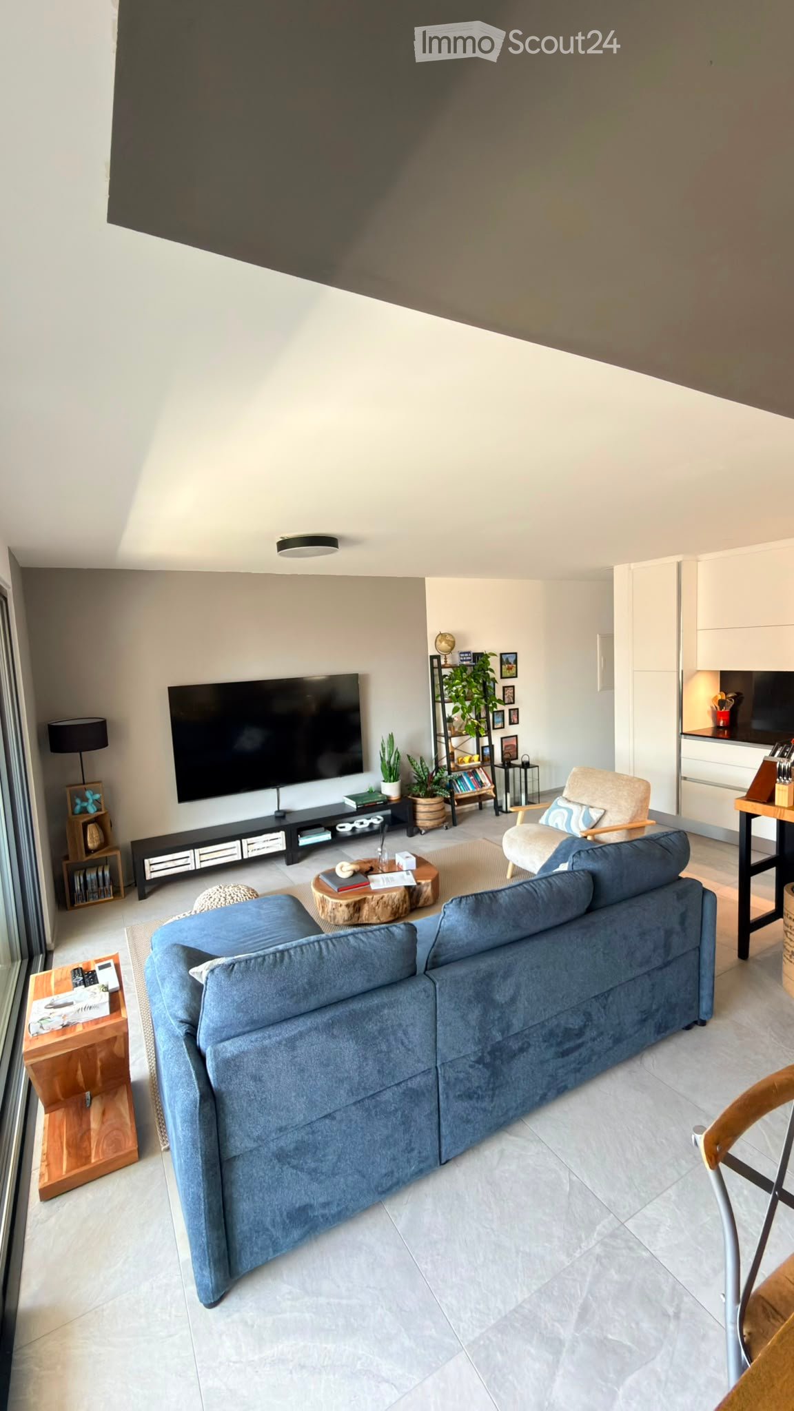 Modern living room with a blue sectional sofa, coffee table, armchair, TV, shelves, and plants.