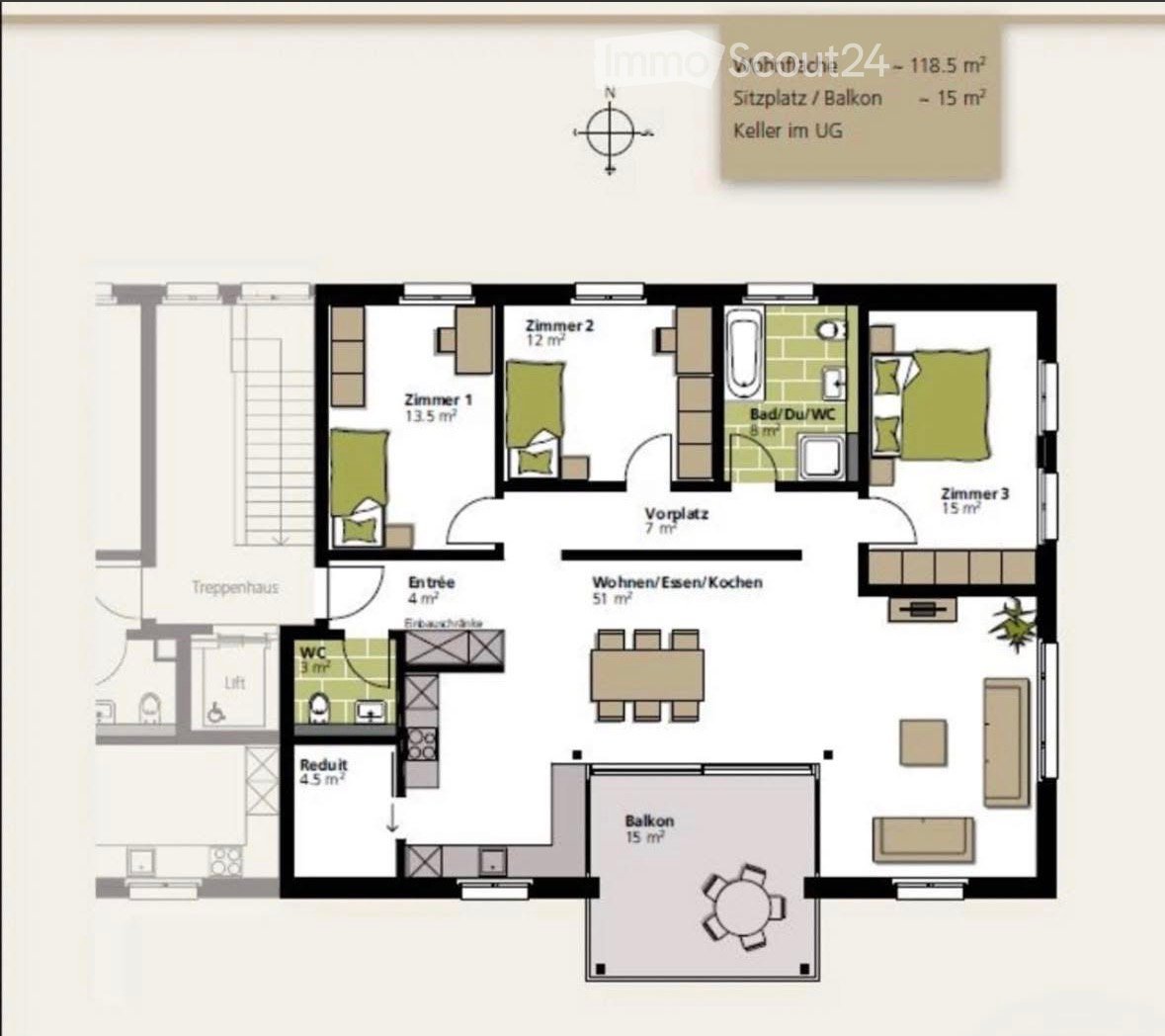 Floor plan of a 118.5 m² apartment with 3 bedrooms, a living/dining/kitchen area, a bathroom, a balcony, and a basement.