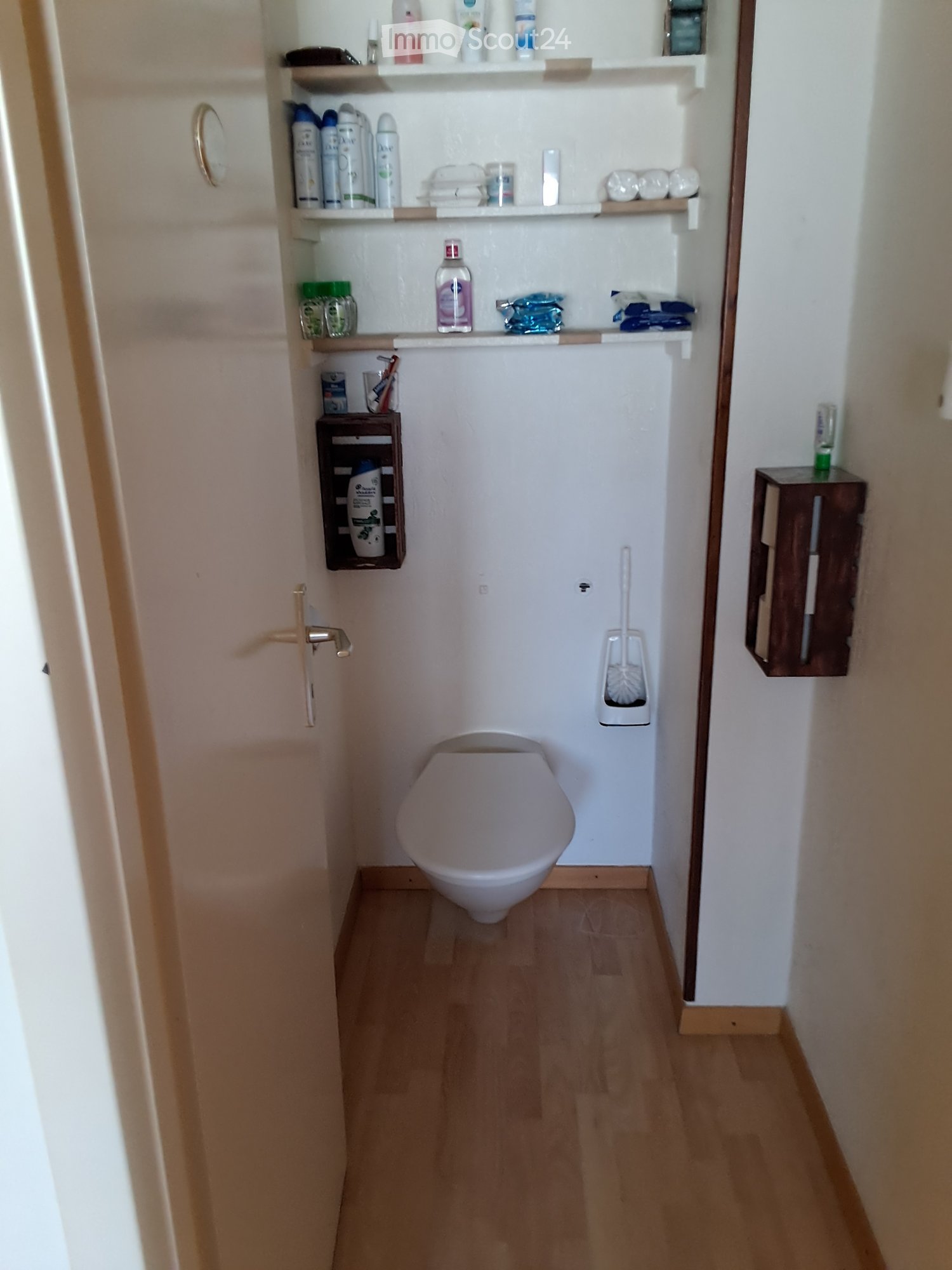 Compact bathroom with a toilet, shelves holding toiletries, and a toilet brush holder. Wooden flooring and white walls.