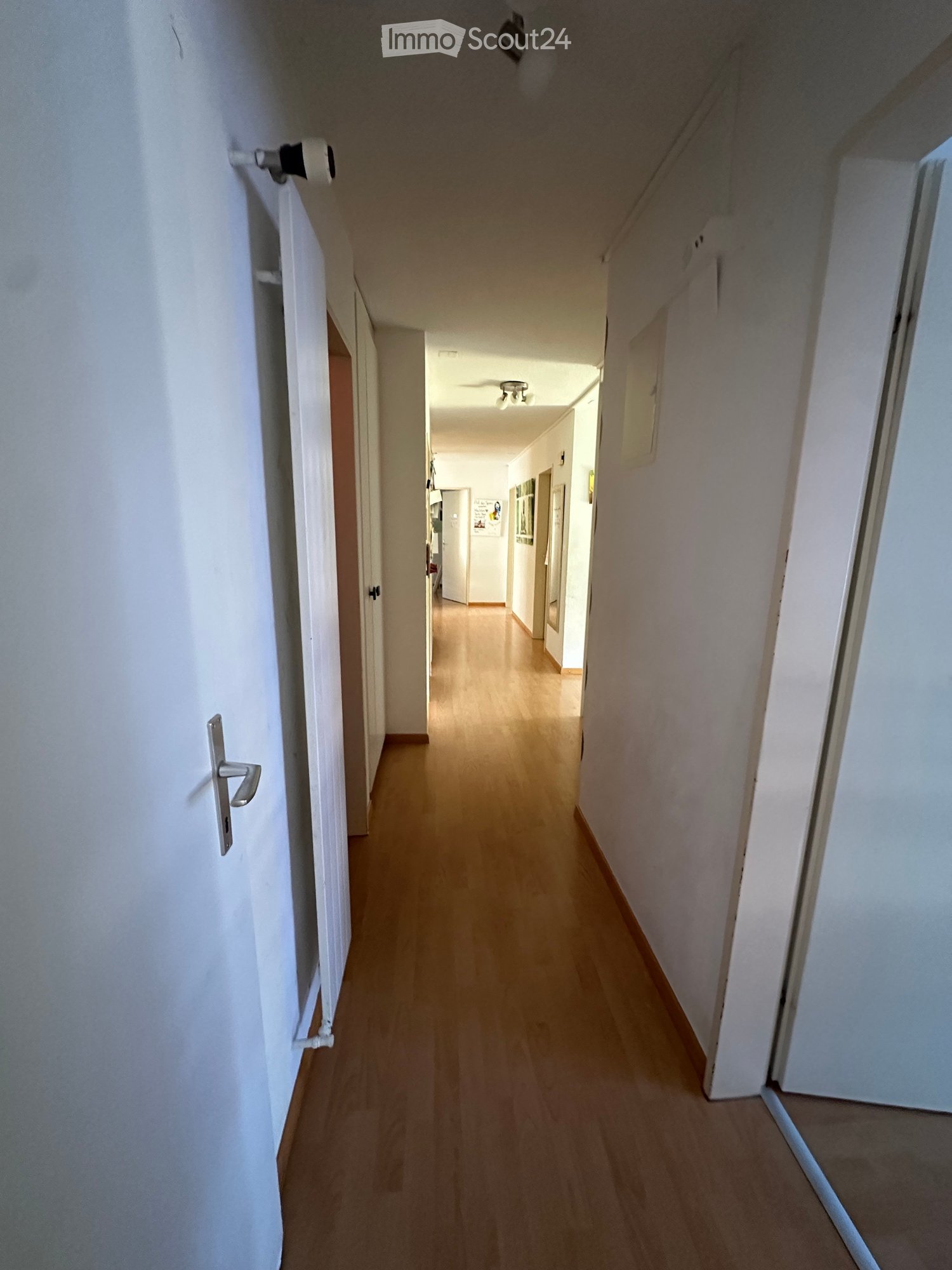A long, narrow hallway with wooden flooring and white walls, featuring several doors and ceiling lights.