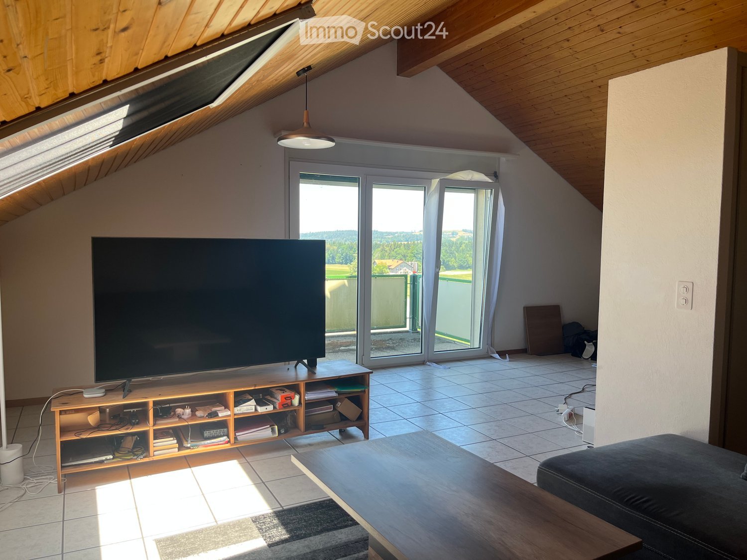 Bright living room with wooden ceiling, large windows, TV on stand, sofa, coffee table, and bookshelf.