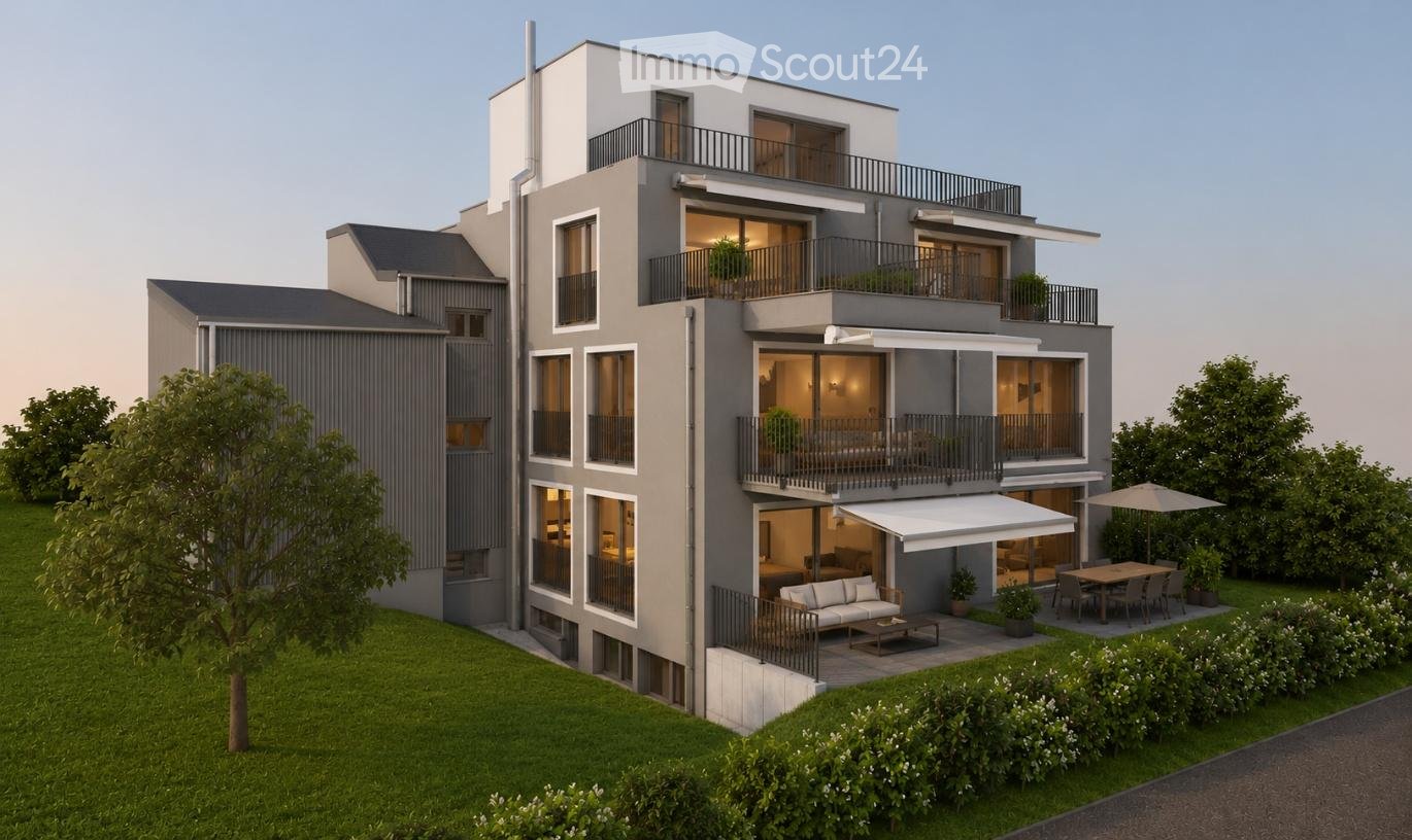 Modern3-story apartment building with balconies, large windows, and a covered outdoor seating area with a table and chairs.