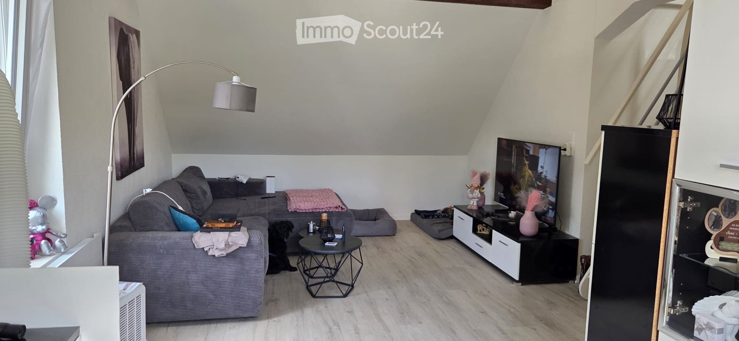 Modern living room with a grey sectional sofa, coffee table, TV stand, floor lamp, and decorative items.