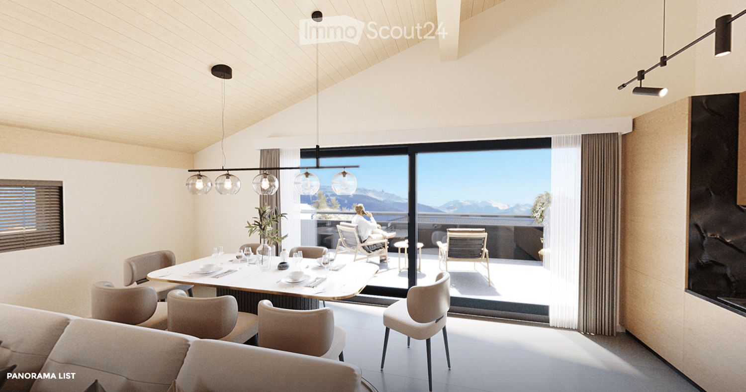 Modern living and dining area with a sofa, dining table, chairs, pendant lights, and a large window offering a scenic mountain view.