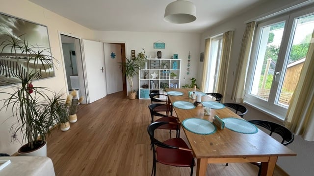 Bright dining area with wooden floor, large dining table surrounded by chairs, potted plants, and a shelf with decorative items.