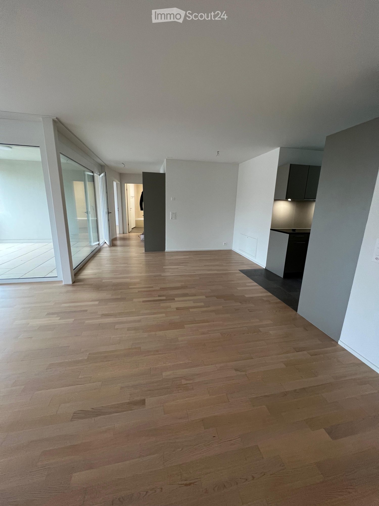 Empty hallway with wooden flooring, white walls, and a glass door leading to an outdoor area. A small kitchen area is visible on the right side.