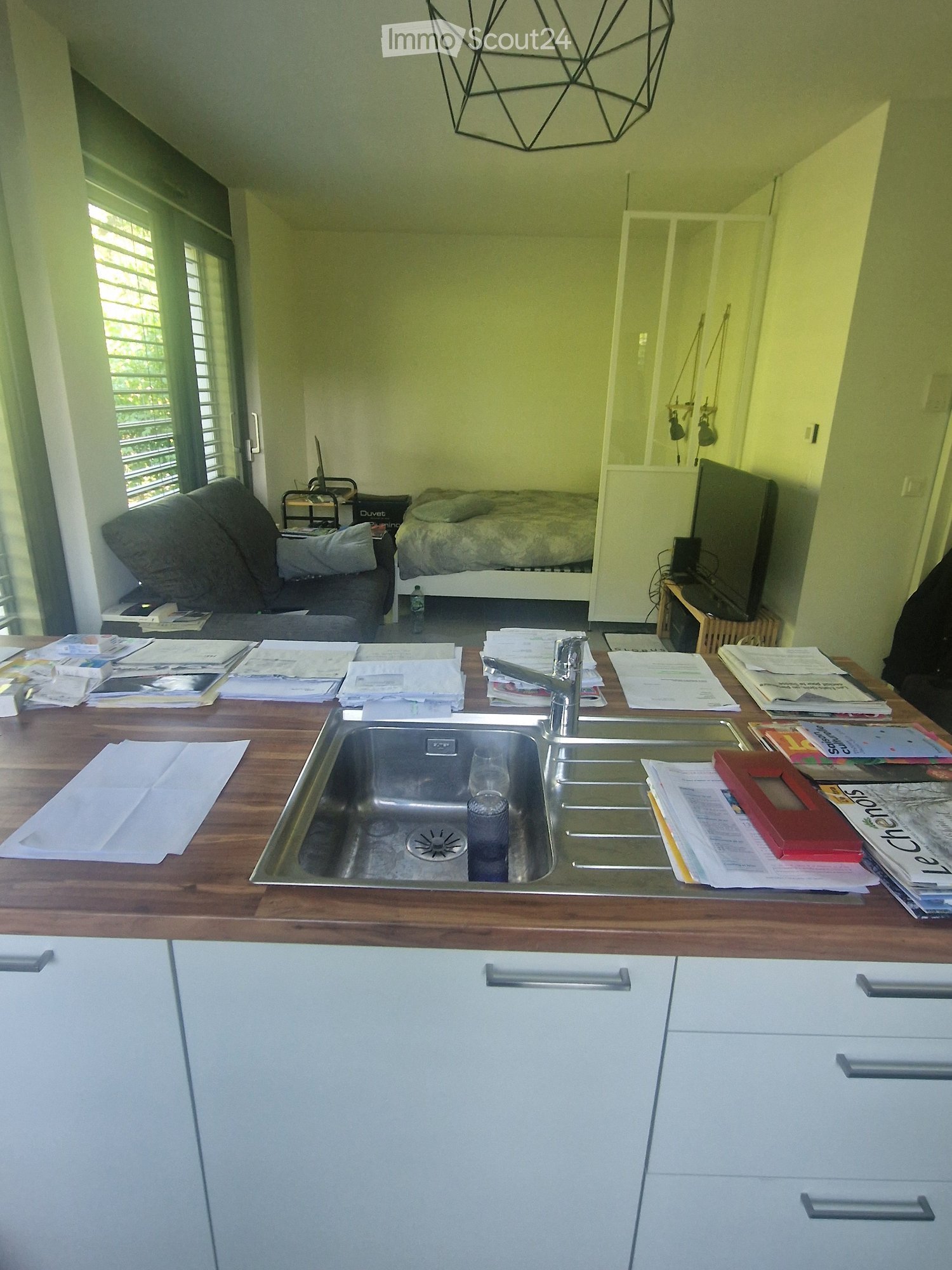 A multi-functional room with a bed, sofa, desk, sink, and cabinetry.
