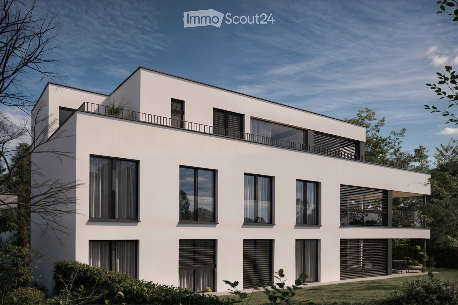 Modern two-story house with white exterior, large windows, balconies, and contemporary design.