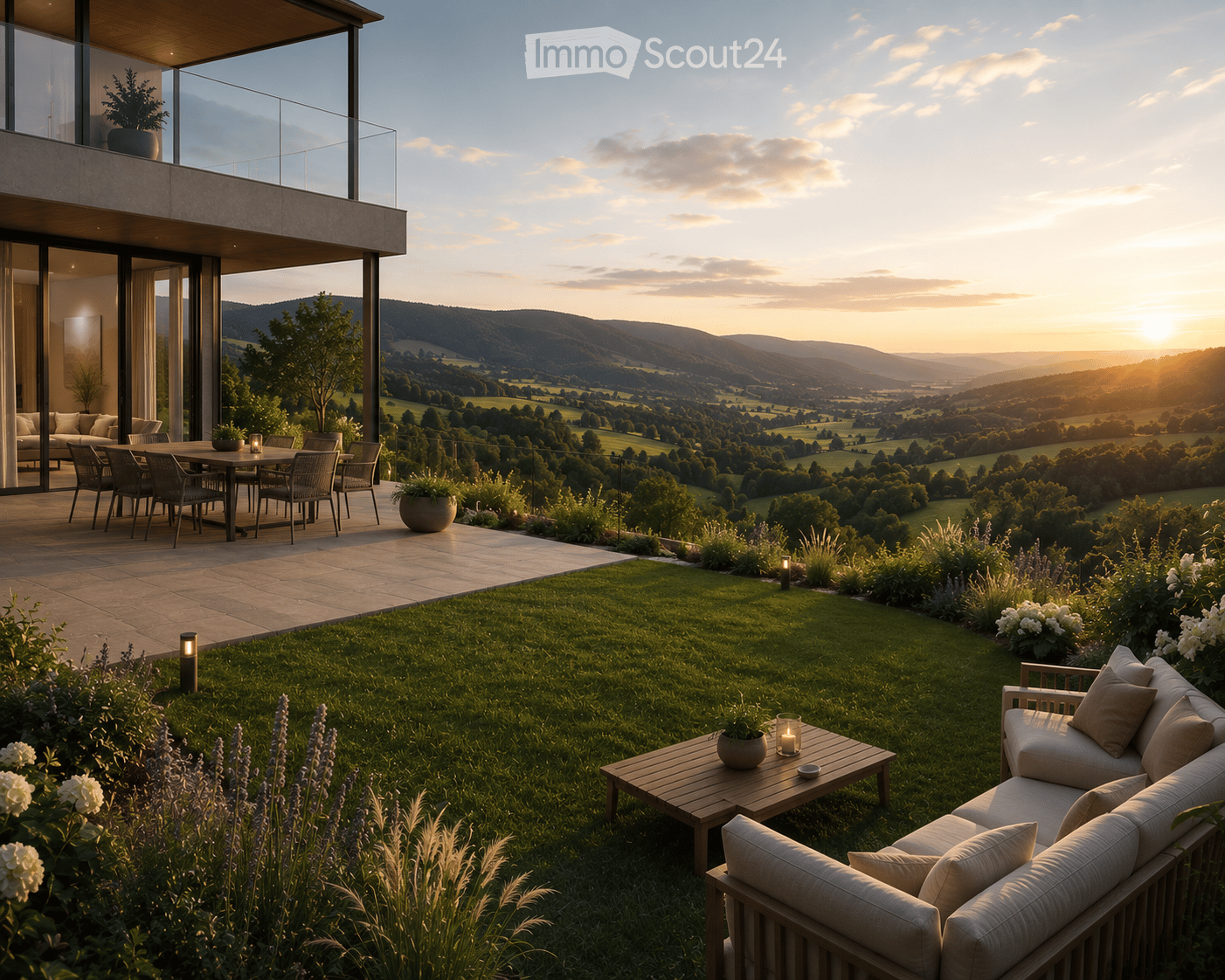 Garden with a modern outdoor seating area, including a sofa, coffee table, and dining set, surrounded by lush greenery and a scenic valley view.