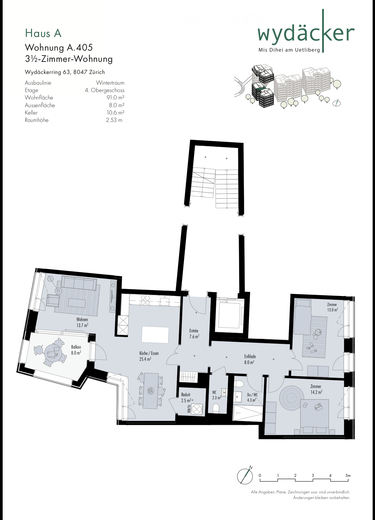 Floor plan of a 3.5-room apartment with living room, kitchen/dining area, two bedrooms, entrance, hallway, and balcony.