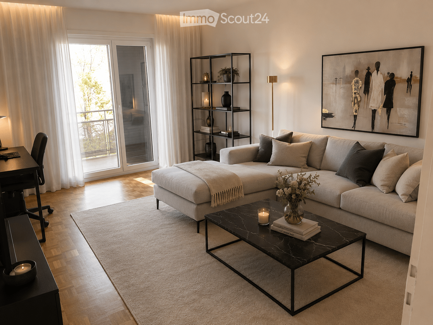 Modern living room with a grey sectional sofa, black coffee table, wooden floor, large windows, and a balcony view.