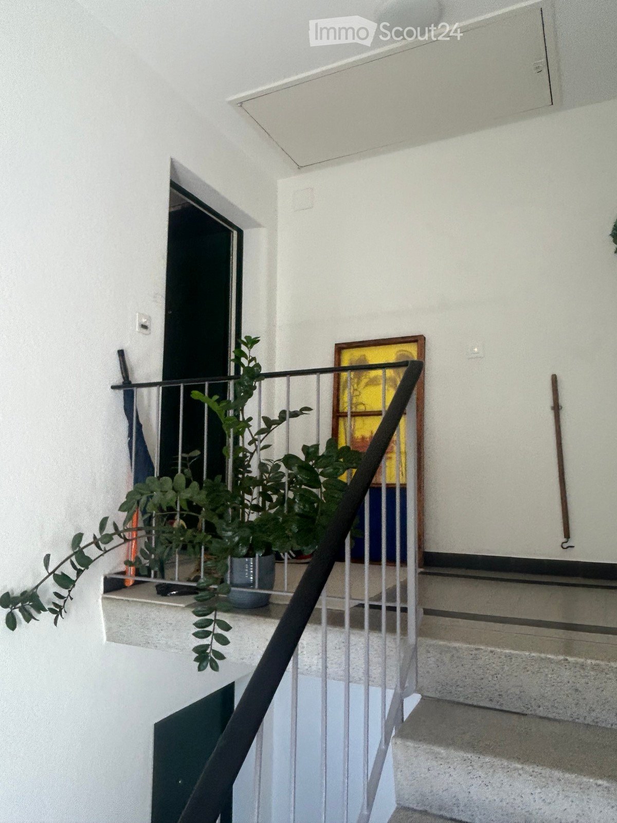 A narrow hallway with a staircase leading upwards, featuring a metal railing, potted plants on a small ledge, and a framed picture on the wall.