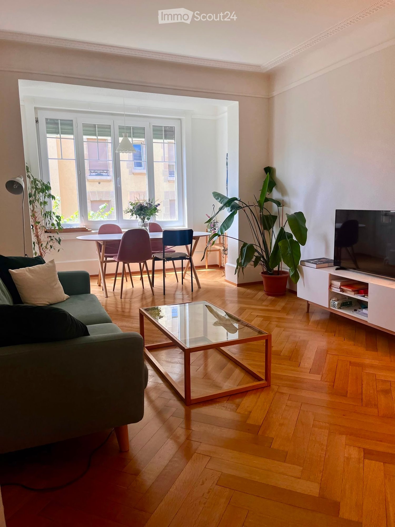 A modern living room with wooden flooring, a green sofa, a glass coffee table, a television on a white stand, and a dining area with chairs and a table.