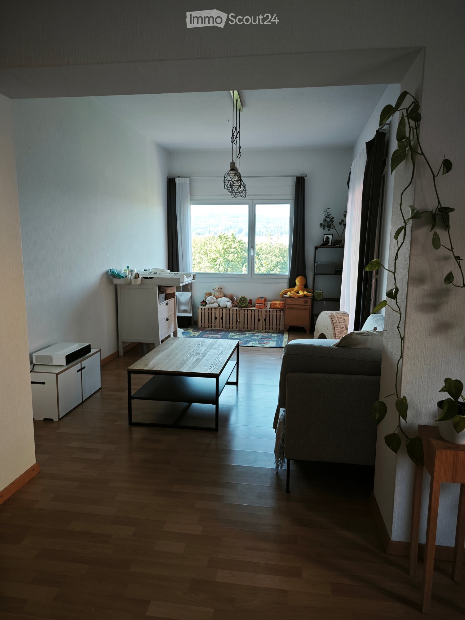 Modern living room with wooden flooring, large window with view, grey sofa, coffee table, side table with plant, shelf with toys, and hanging lamp.
