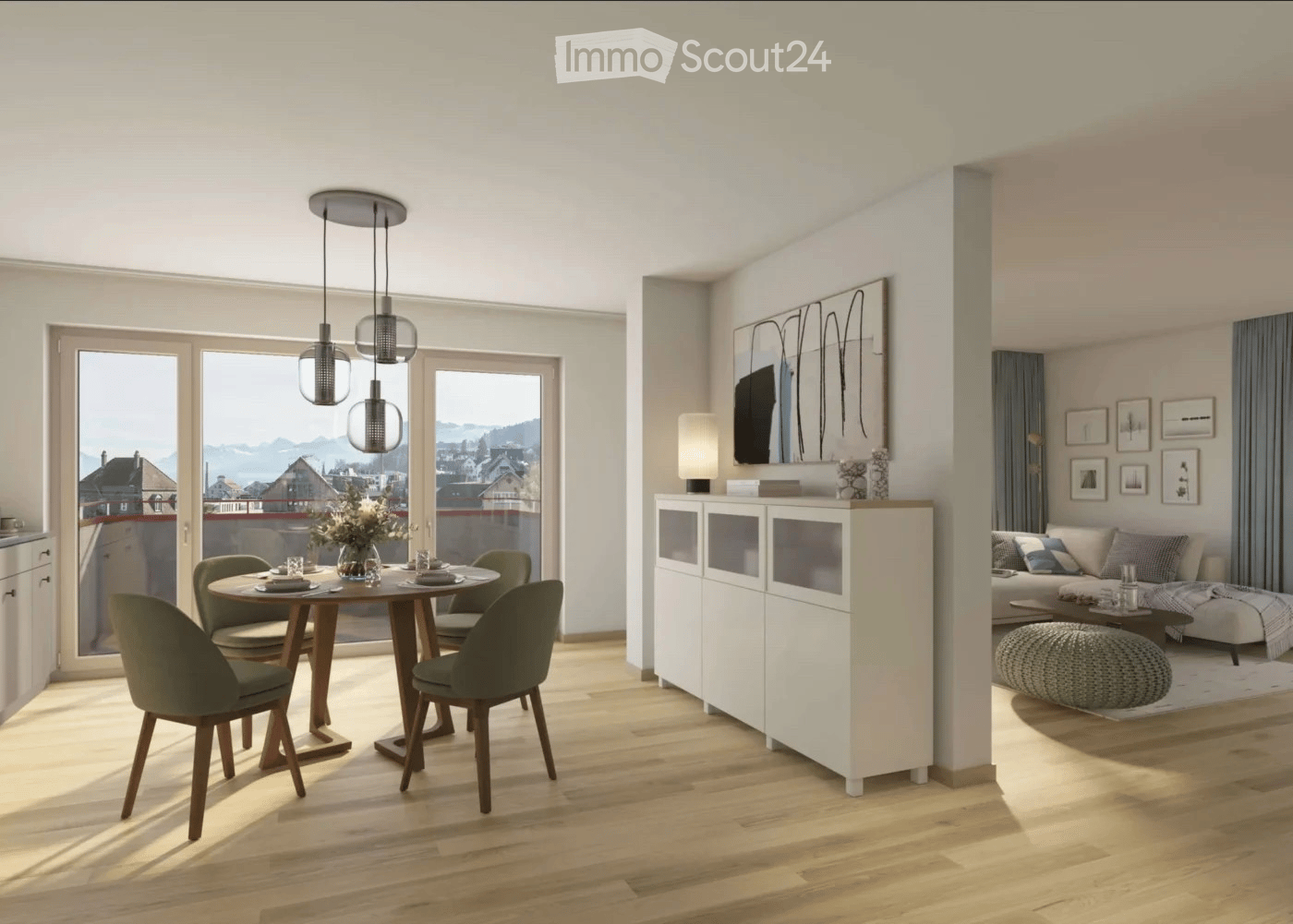 Modern furnished room with a view, featuring a sofa, ottoman, coffee table, dining table with chairs, a cabinet, lamp, mirror, and picture frames.