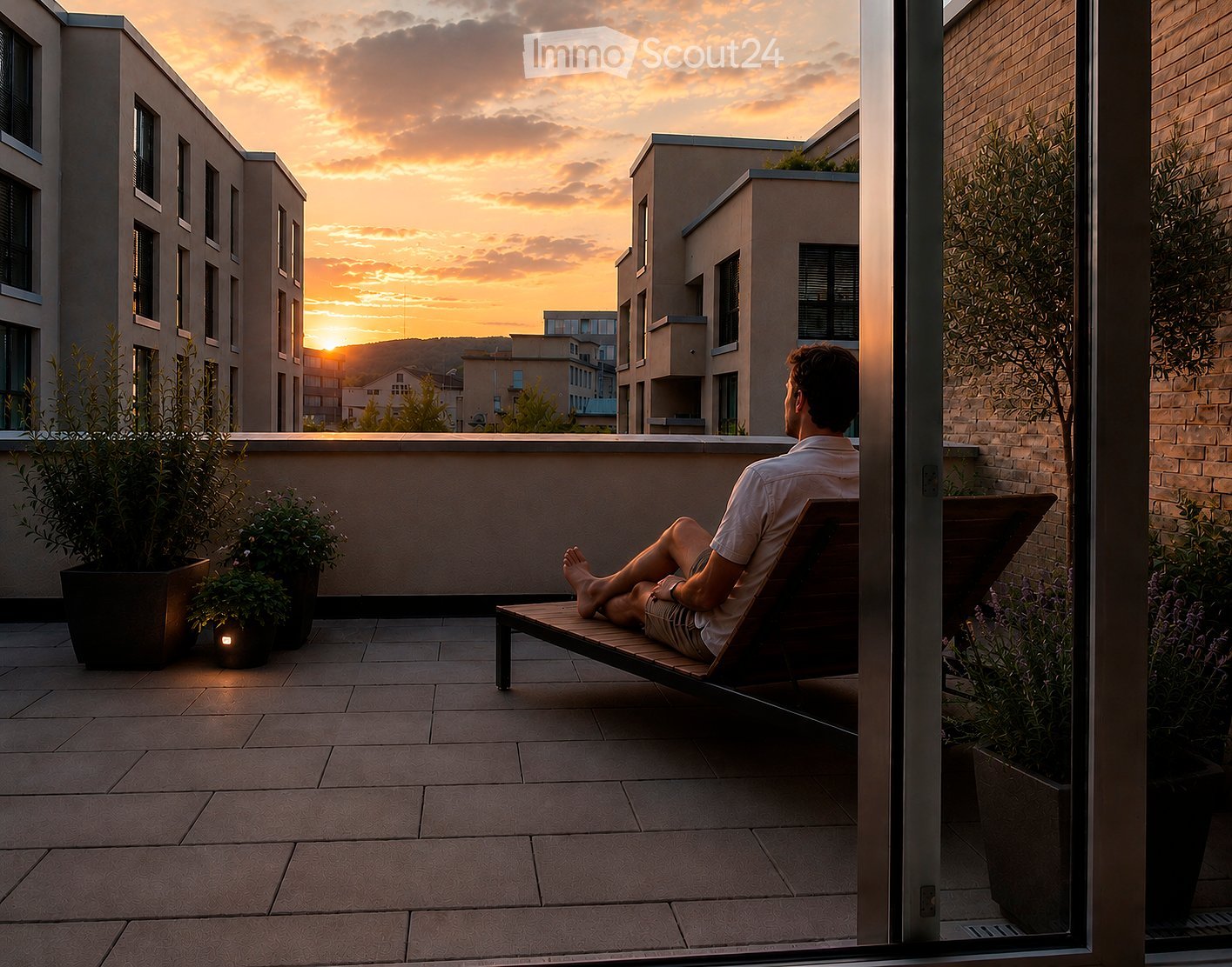 A man is relaxing on a wooden lounge chair on a modern rooftop terrace during sunset, surrounded by potted plants and a cityscape view.