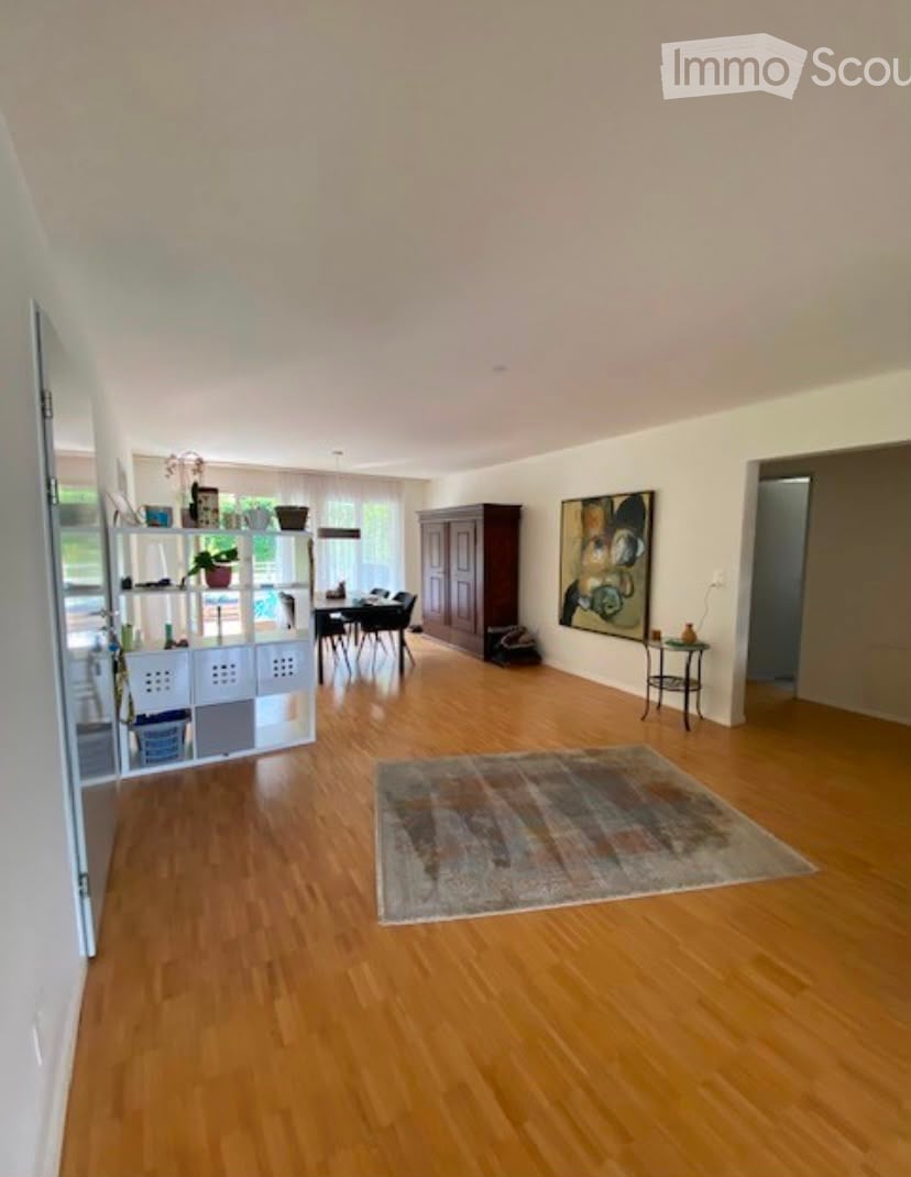Open-plan living and dining area with wooden flooring, a large area rug, a white shelving unit, a dark wooden cabinet, a dining table with chairs, a side table with a lamp, and a large painting on the wall.