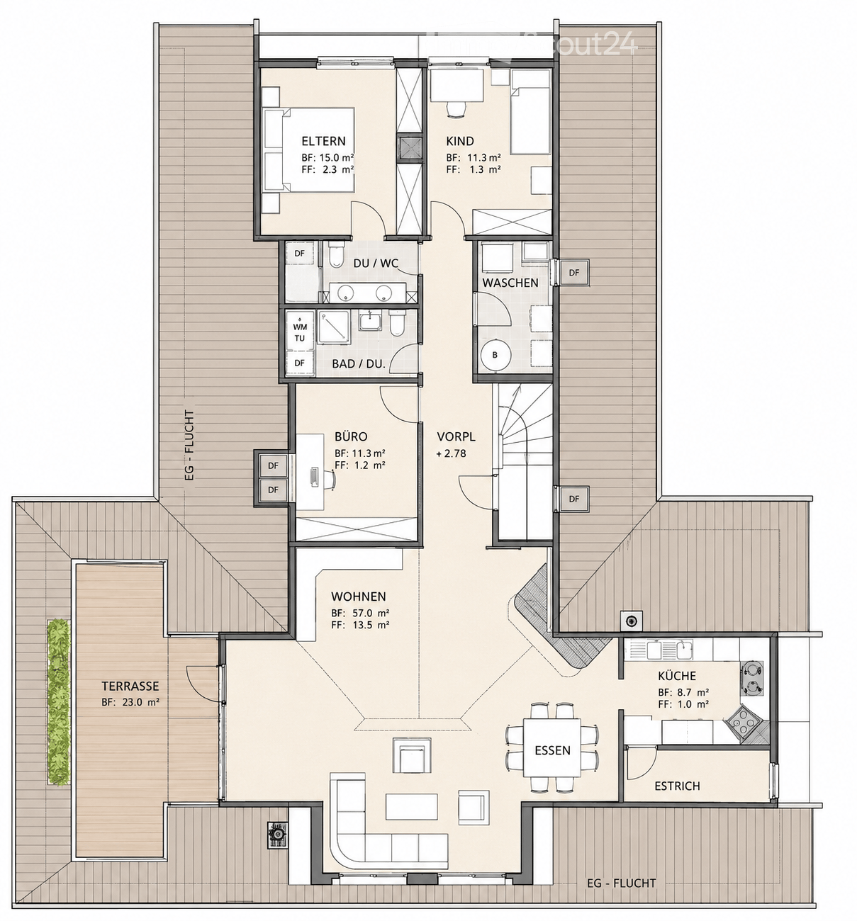 Floor plan of a house with multiple rooms including living area, kitchen, dining area, bedrooms, bathrooms, and a terrace.