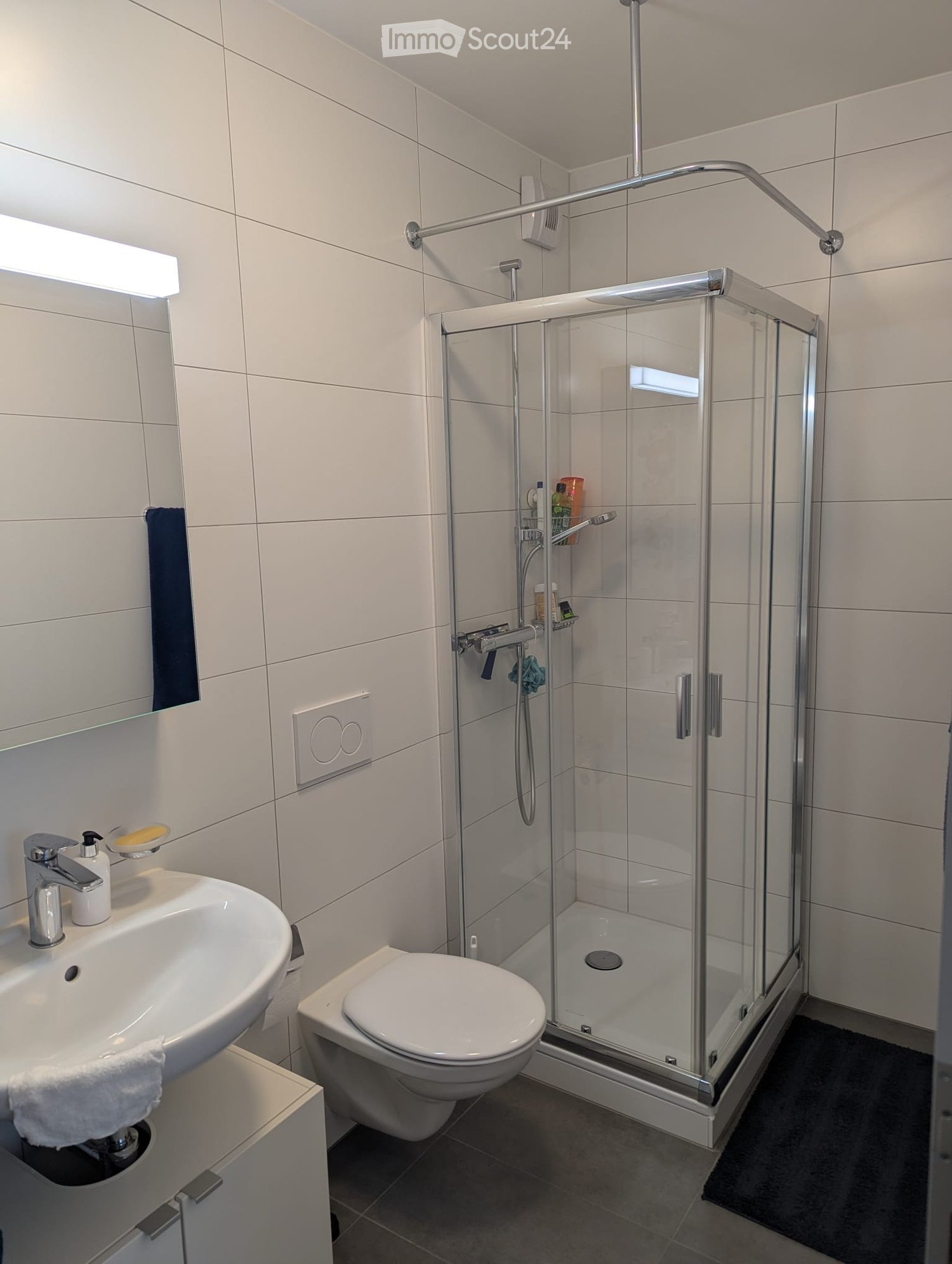 Modern bathroom with a white tiled shower enclosure, a sink with a modern faucet, a toilet, and a mirror with built-in lighting. The shower has a glass door and a handheld showerhead.