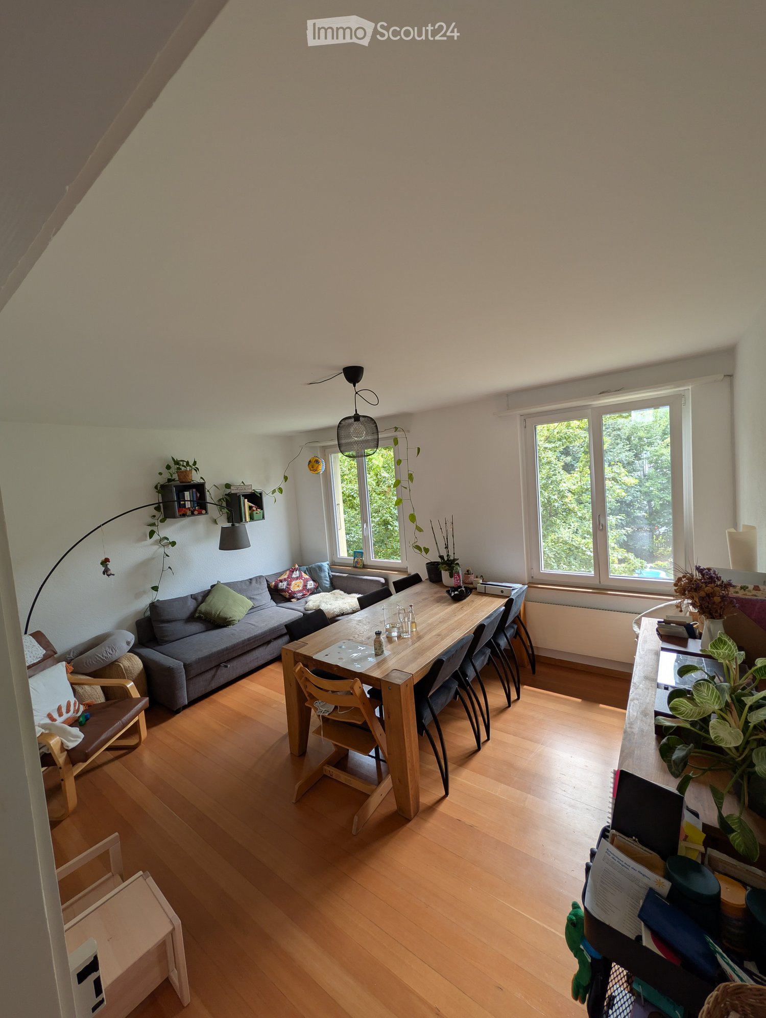 Bright living room with wooden flooring, large windows, grey sofa, wooden dining table, chairs, pendant light, and shelves with plants.