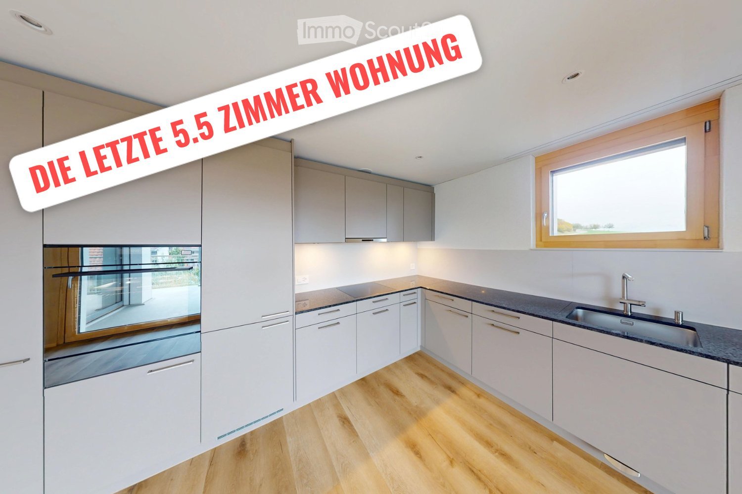 Modern kitchen with white cabinets, wooden flooring, and stainless steel appliances including an oven and sink.