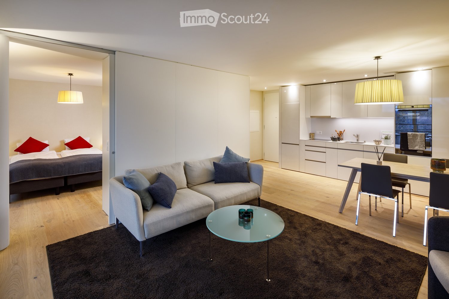Modern, open-concept living space with a sofa, coffee table, dining area, and a separate bedroom with a bed and pillows. The kitchen features white cabinets, a sink, and a mirror. The room is well-lit with pendant lights and has a dark area rug.