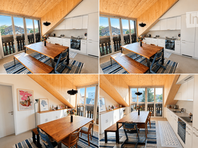 Four images showing a modern, well-lit dining and kitchen area with wooden beams, large windows, and a view. The dining area features a wooden table with benches and chairs, a vase with flowers, and a framed artwork on the wall. The kitchen has white cabi