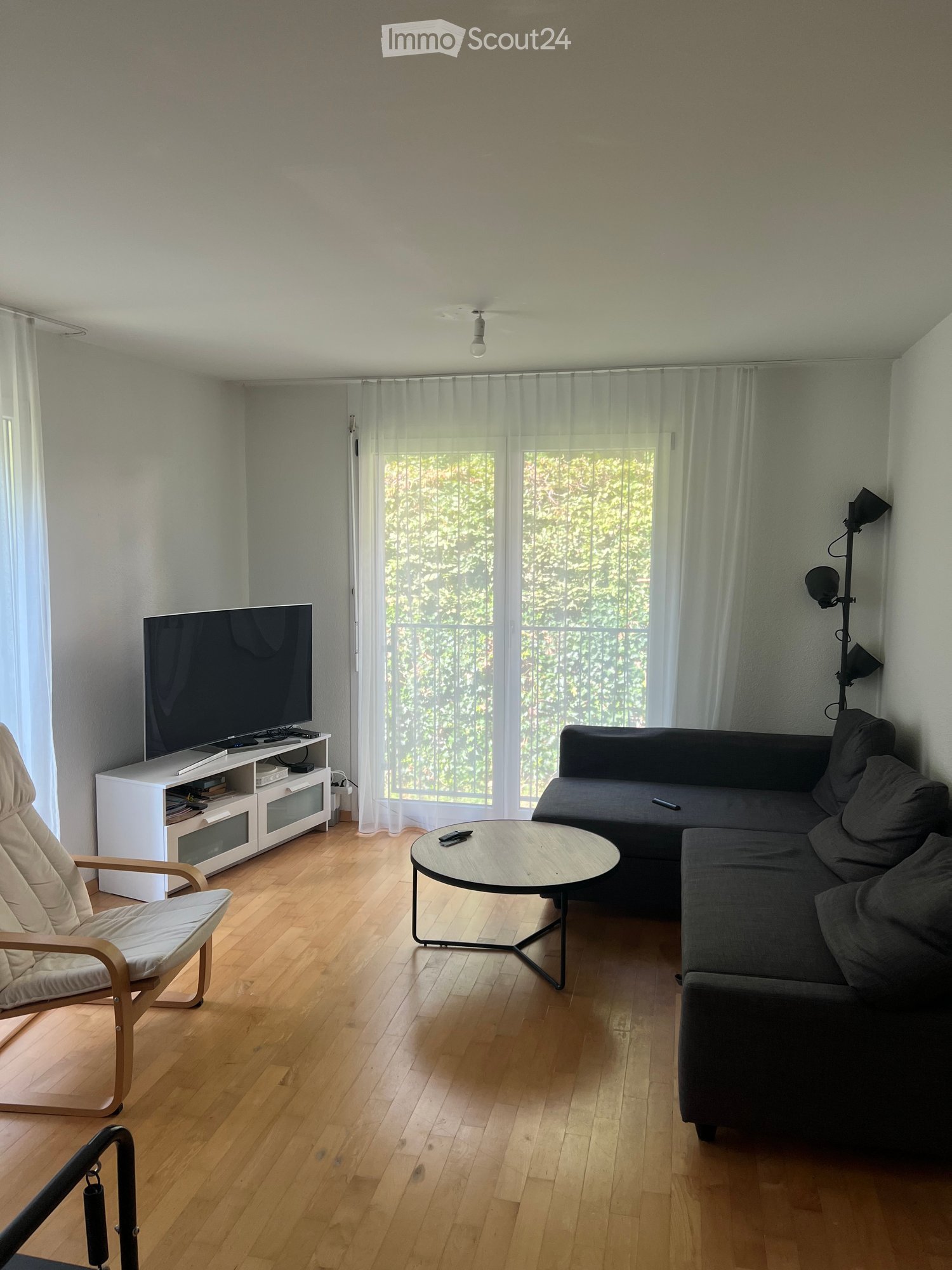 Modern living room with wooden flooring, large window with sheer curtains, grey sectional sofa, round coffee table, TV stand, and a single armchair.