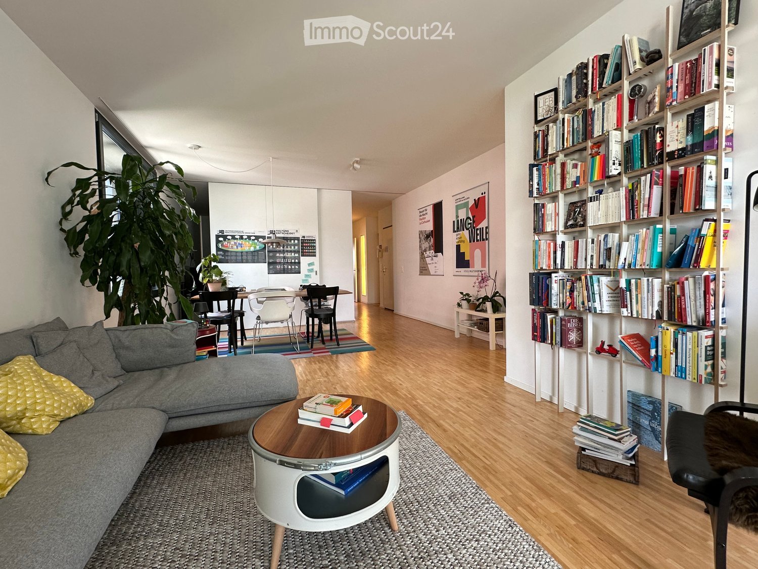 Modern living room with grey sofa, coffee table, bookshelf, dining area, and large plant. Wooden flooring and white walls.