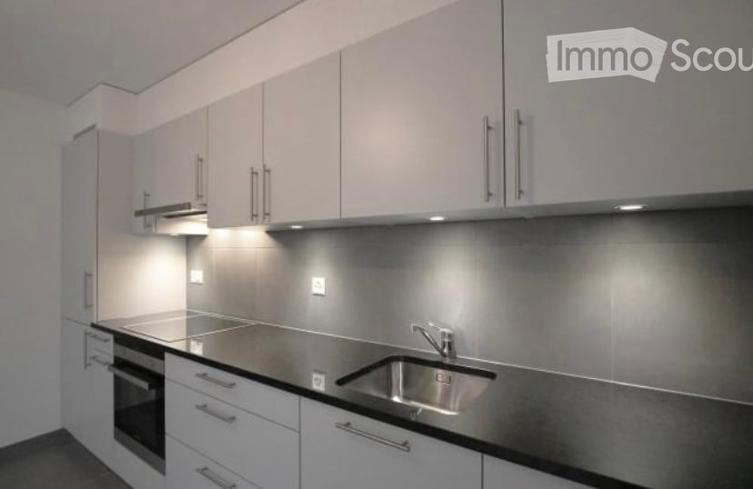Modern kitchen with white cabinets, stainless steel sink, and built-in oven.