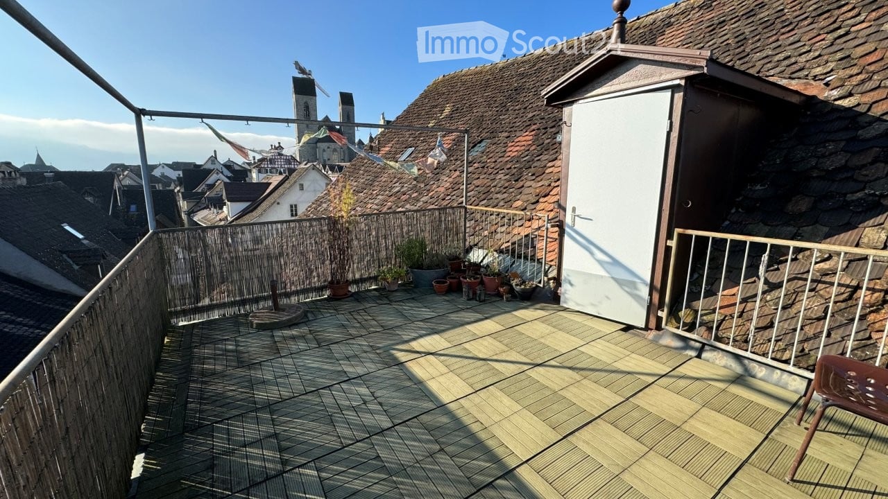 Rooftop terrace with wooden decking, metal railing, small storage shed, potted plants, and a view of the cityscape with traditional rooftops.