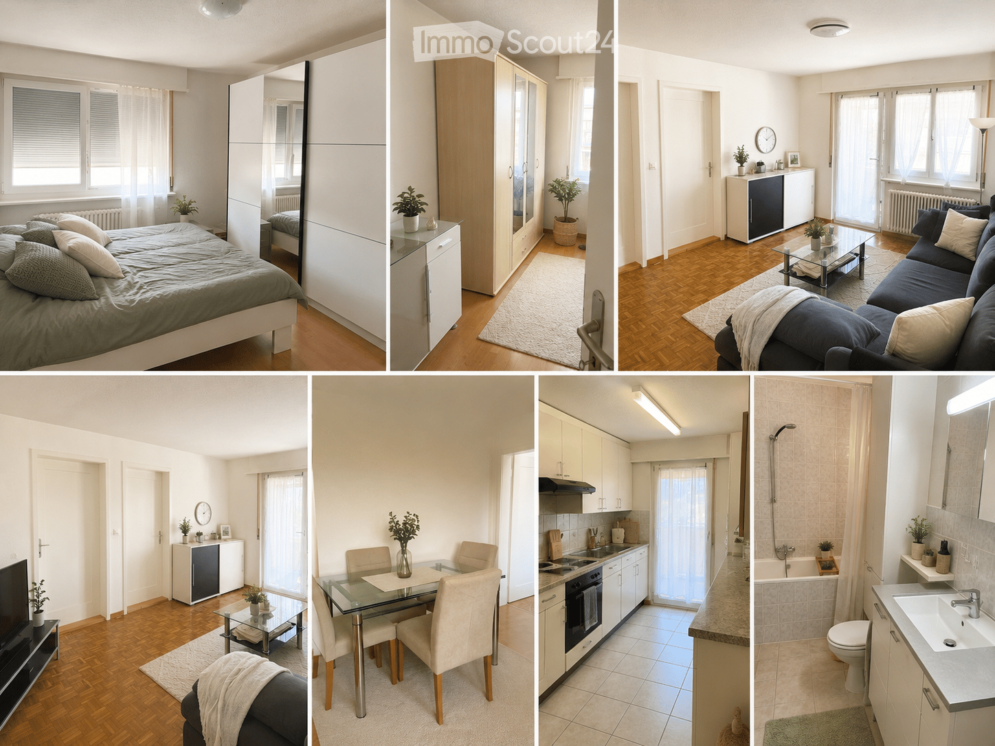 A modern, furnished apartment with a living room, bedroom, dining area, kitchen, and bathroom. Features include a sofa, coffee table, armchair, ottoman, floor lamp, TV, mirror, bed, wardrobe, dining table, chairs, oven, sink, bathtub, and toilet.