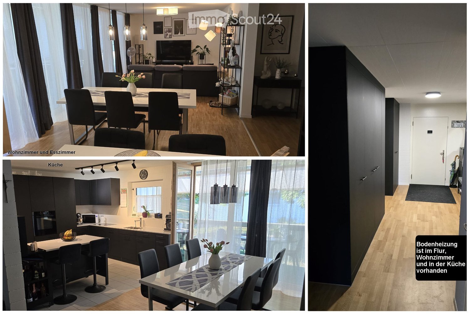 The image shows a modern, furnished living and dining area with a sofa, dining table, chairs, and a television. The kitchen features dark cabinets, a microwave, sink, and a refrigerator. The space is well-lit with pendant lights and has a clean, contempor