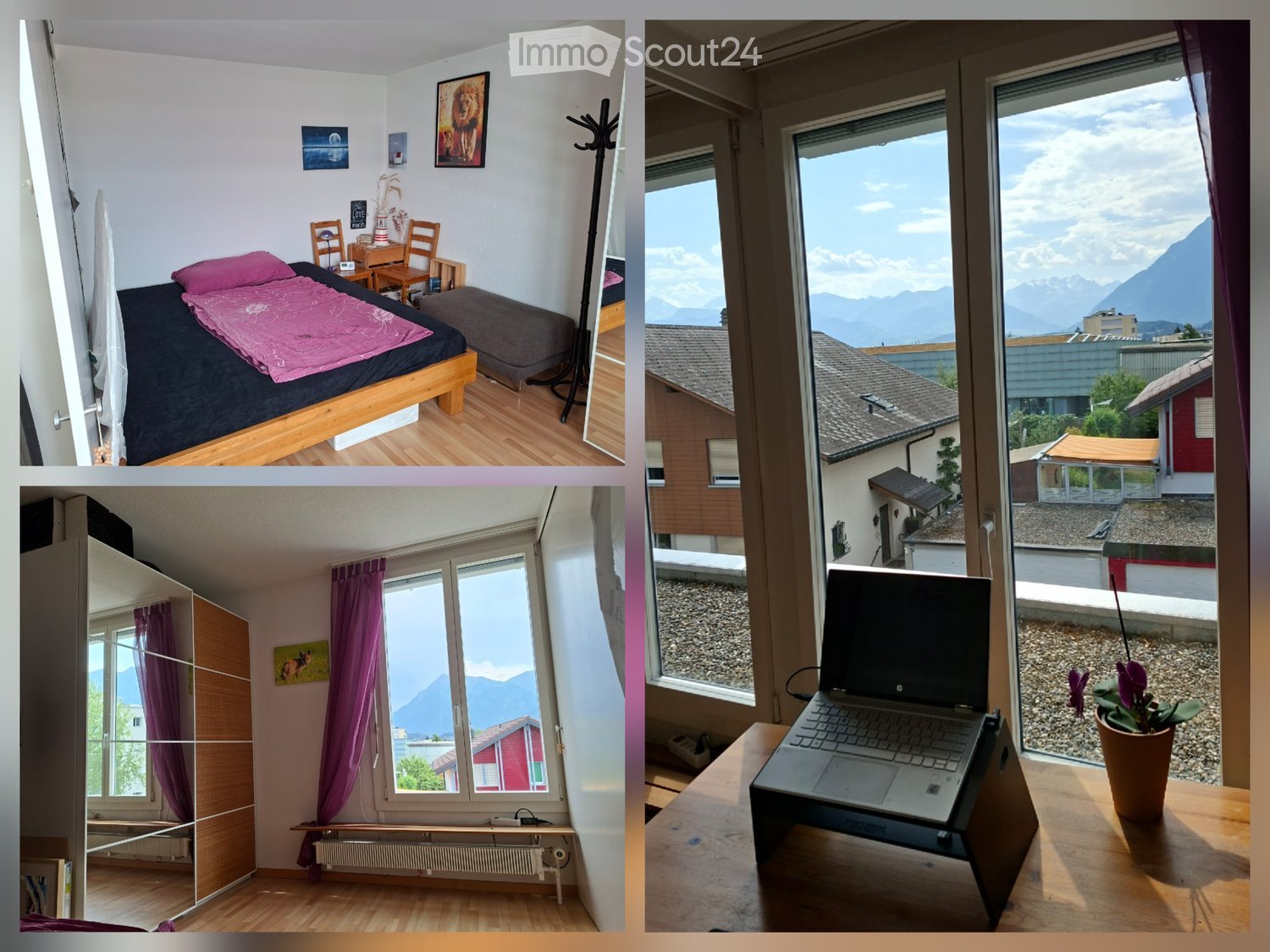 Four images showing a furnished room with a bed, chairs, a table, a laptop, a wardrobe, and a view of mountains through large windows.