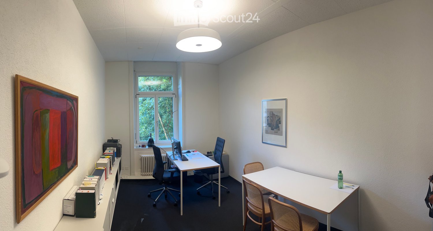 Office space with a desk, chairs, a small table, framed pictures, books, and a printer. The room has a window with a view of greenery, a radiator, and a ceiling light.
