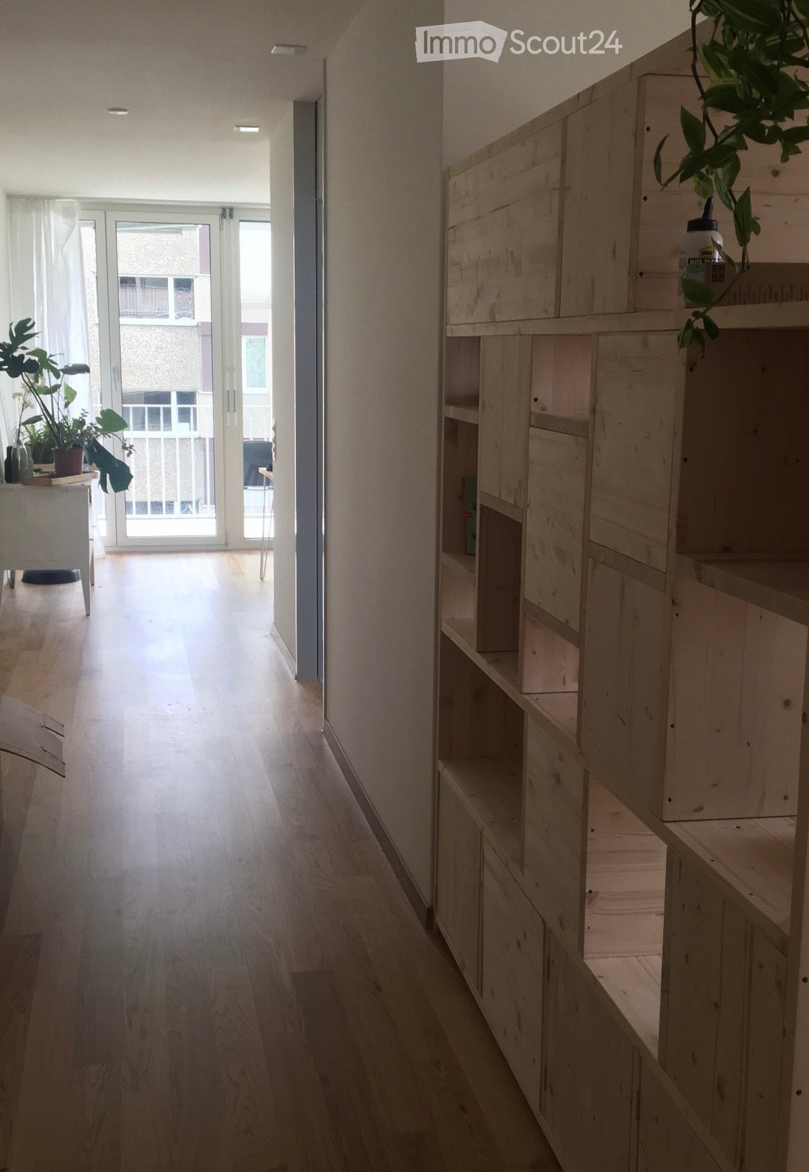 A long, narrow hallway with wooden flooring and white walls, featuring a built-in wooden shelving unit on one side and a small table with plants near a glass door leading to a balcony.