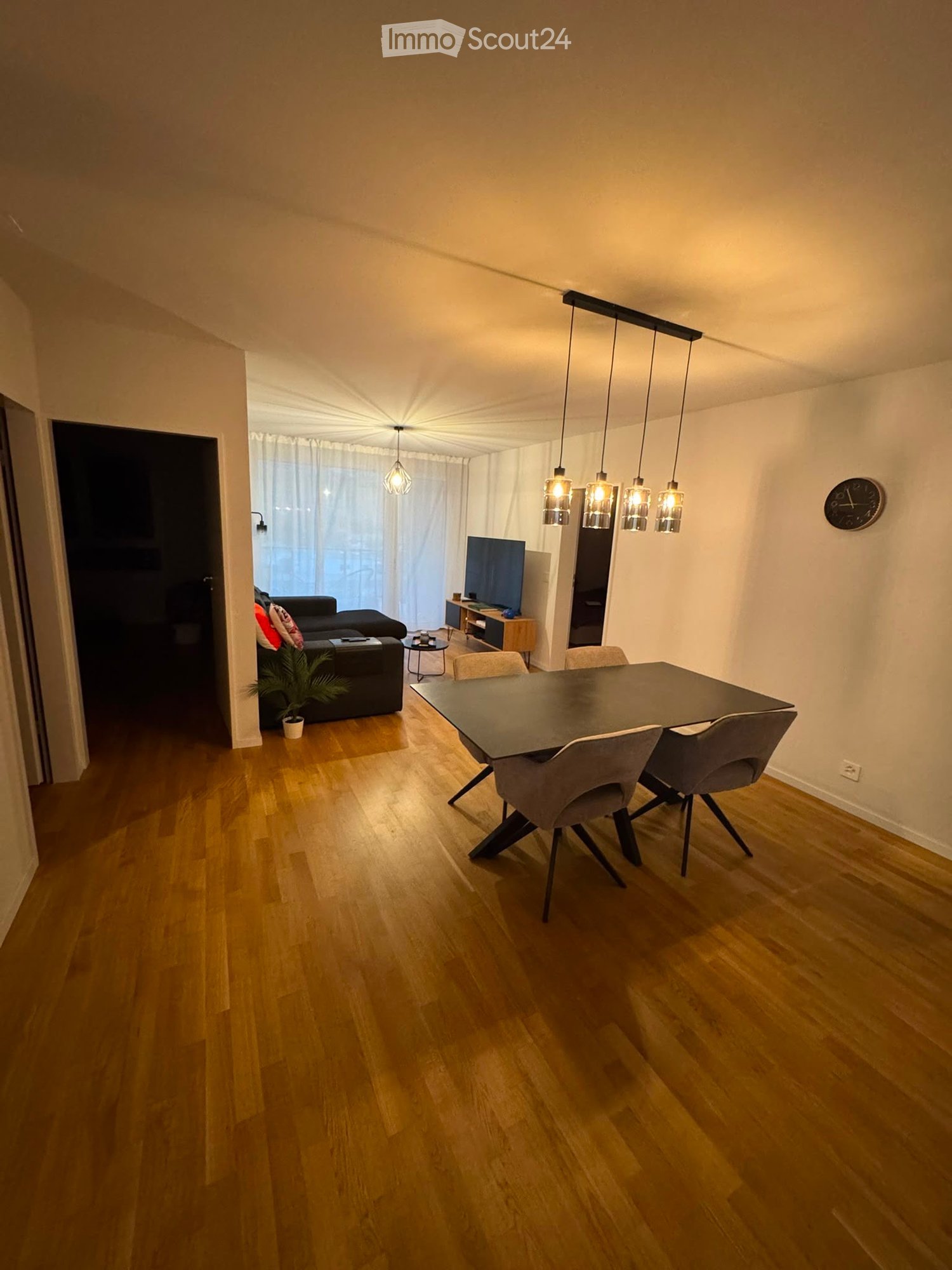 Open-plan living and dining area with wooden flooring, a black sofa, a dining table with four chairs, a television, pendant lights, and a small plant in a pot.