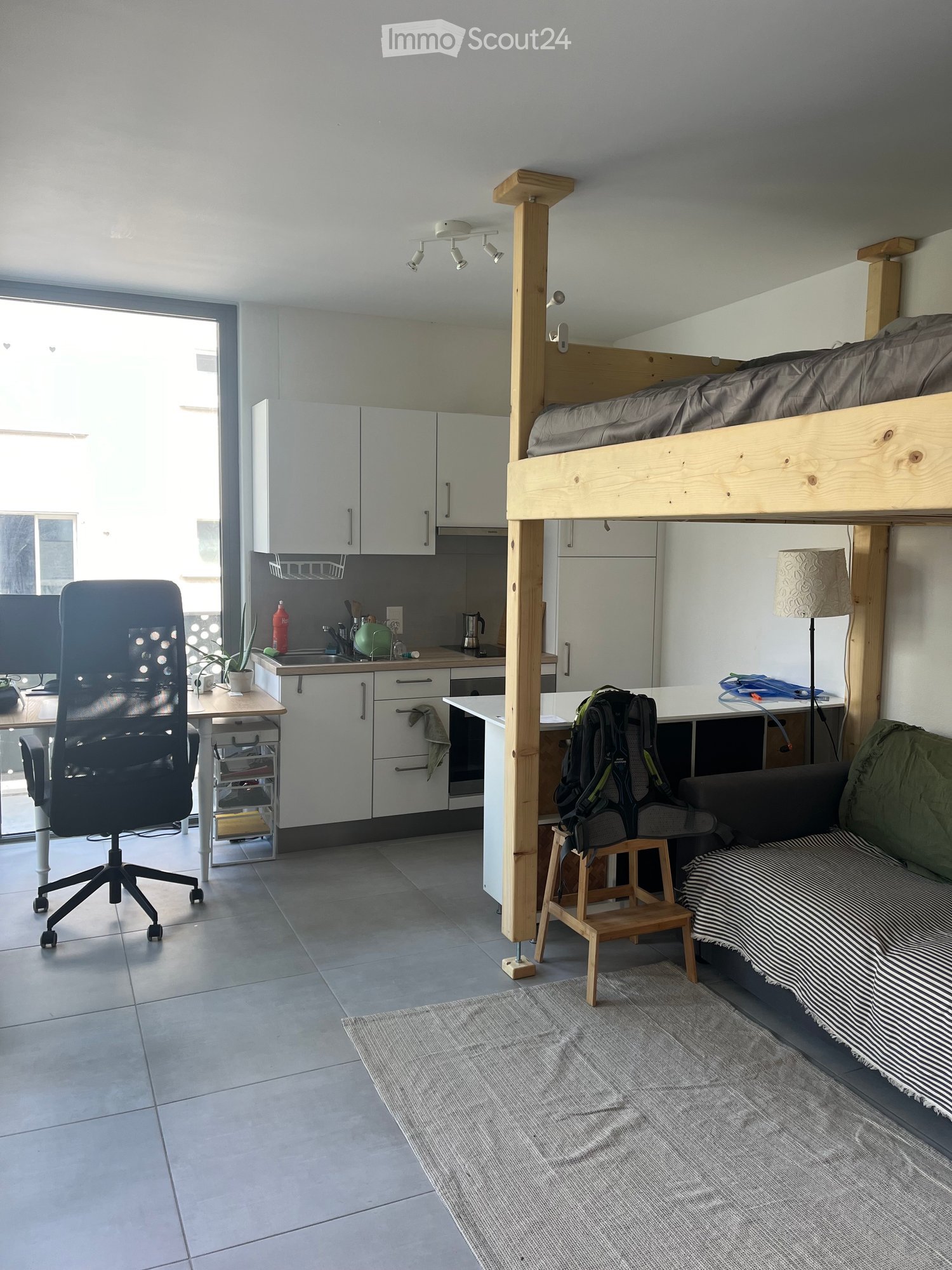 A compact, multi-functional room features a lofted bed, a sofa, a desk, and a small kitchen area with cabinets, sink, and appliances.