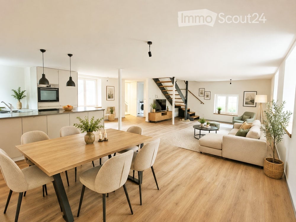 Open-plan living and dining area with modern furniture, including a sofa, coffee table, dining table with chairs, and a kitchen island with an oven and sink. The space features wooden flooring, pendant lights, and decorative plants.