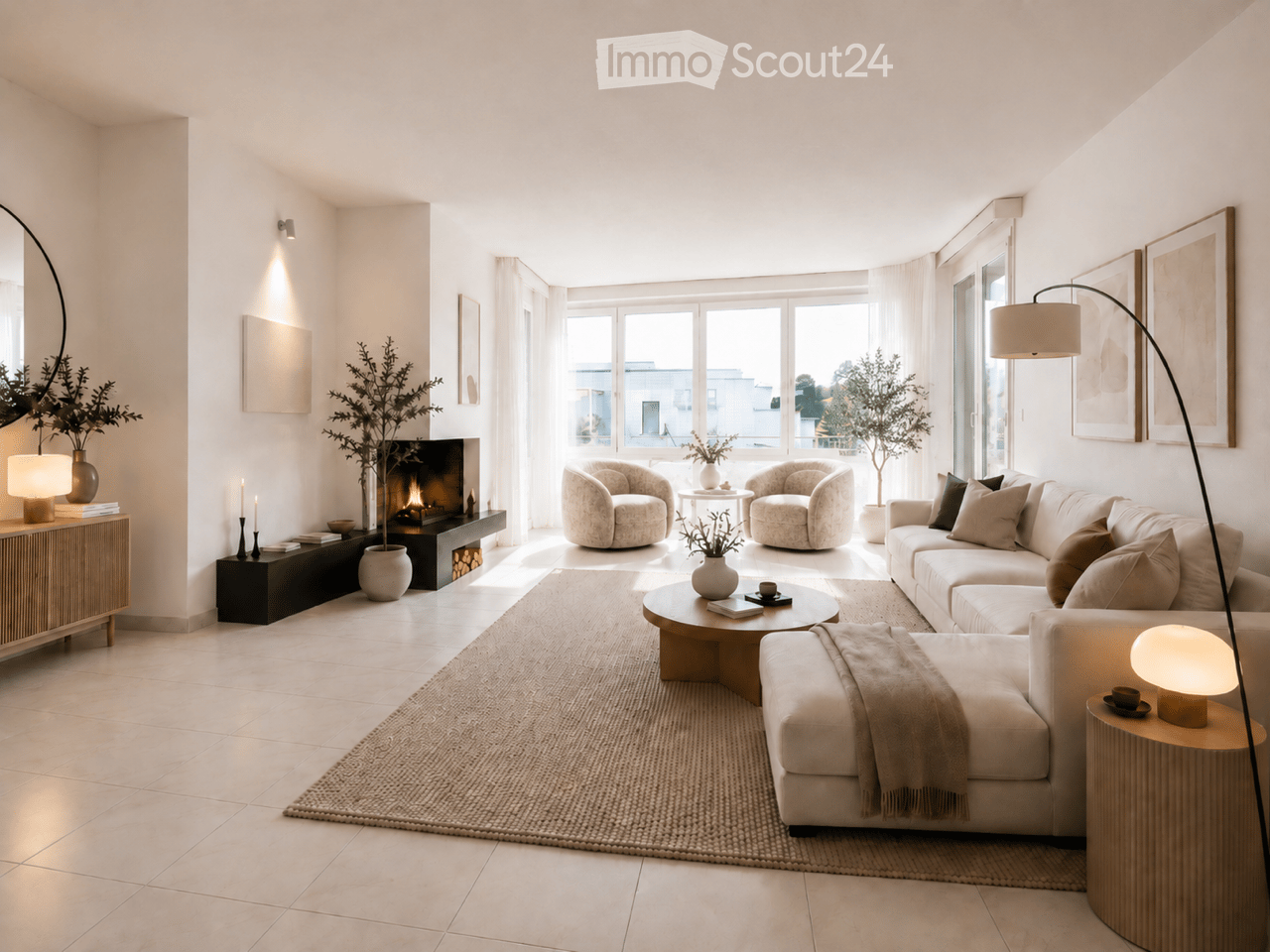 Modern living room with large windows, beige sofa, coffee table, armchairs, ottoman, fireplace, floor lamp, side table, and decorative vases.
