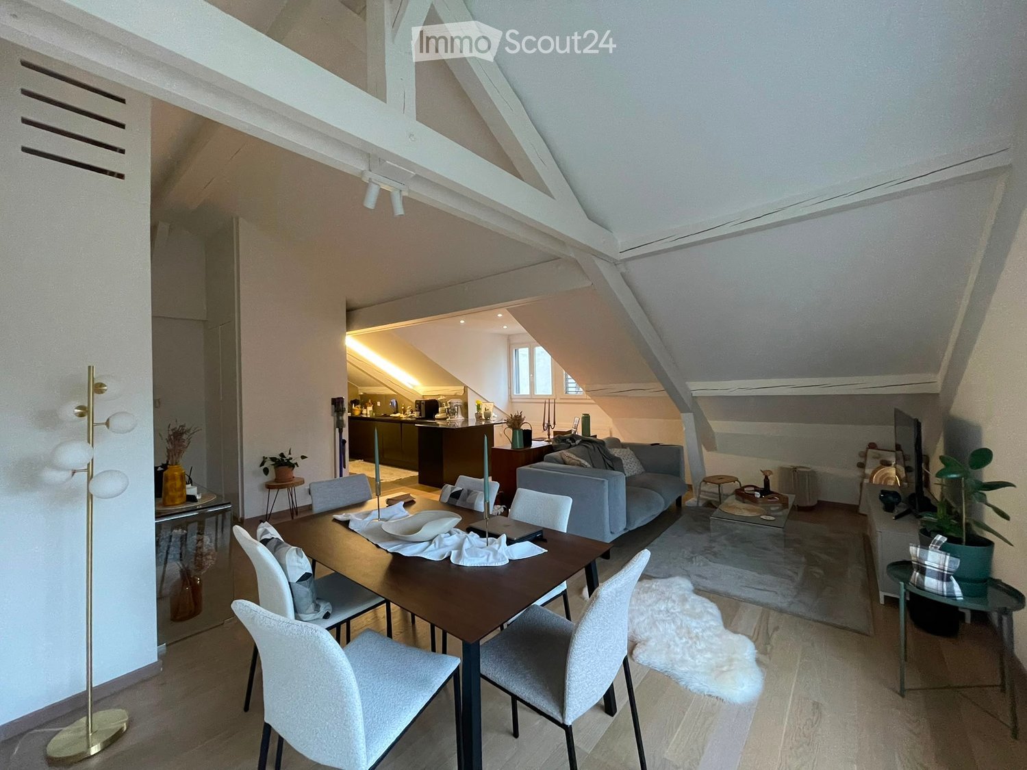 Open-plan living and dining area with modern furniture, including a dining table with chairs, a sofa, a floor lamp, and a kitchen area with cabinets and a counter.