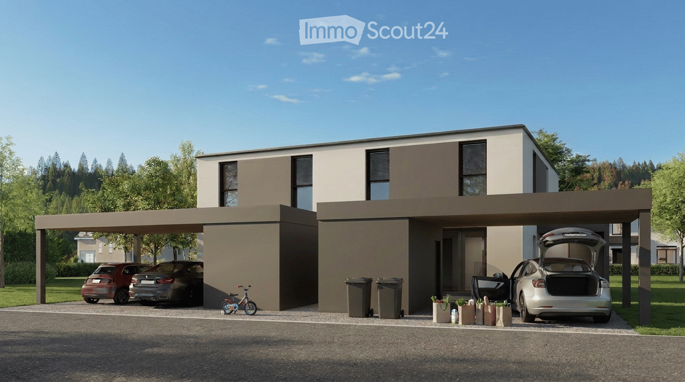 Modern two-story house with a covered garage, several parked cars, and a bicycle near the entrance.