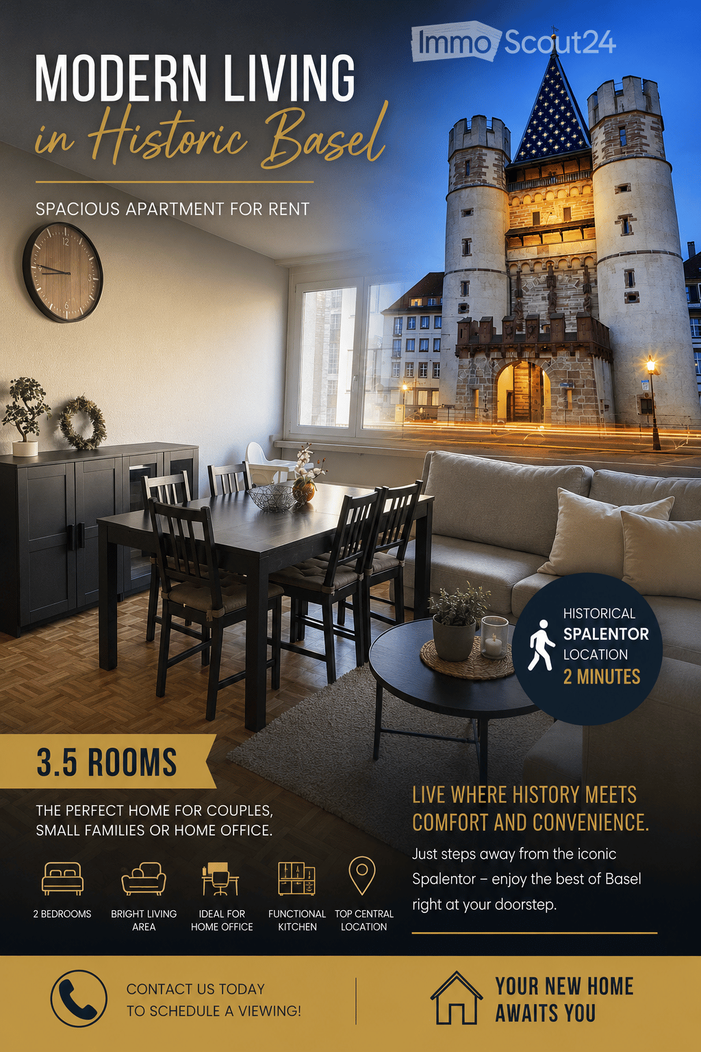 Modern living room with a sofa, coffee table, dining table, chairs, cabinet, clock, potted plants, and a candle. Large windows offer a view of historic Basel.